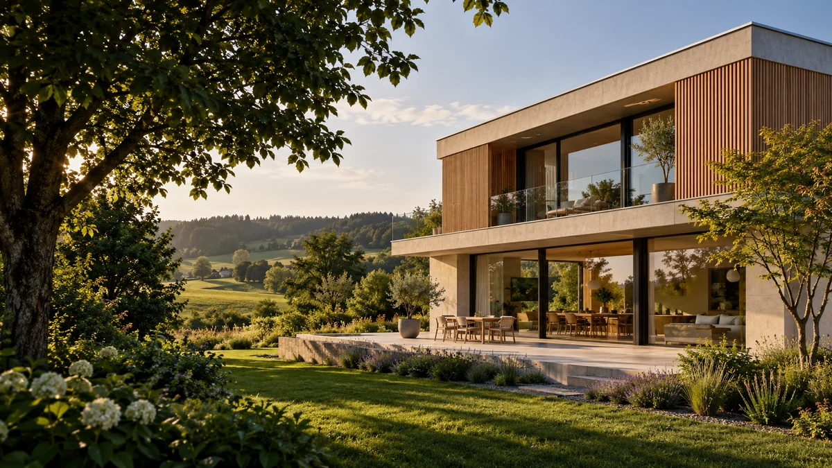 Zeitgemässe Wohnarchitektur mit natürlichen Materialien und einem offenen Garten