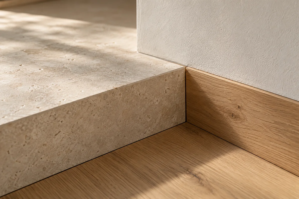 Materialstudie: präziser Übergang zwischen hellem Naturstein, Eichenholz und verputzter Wand